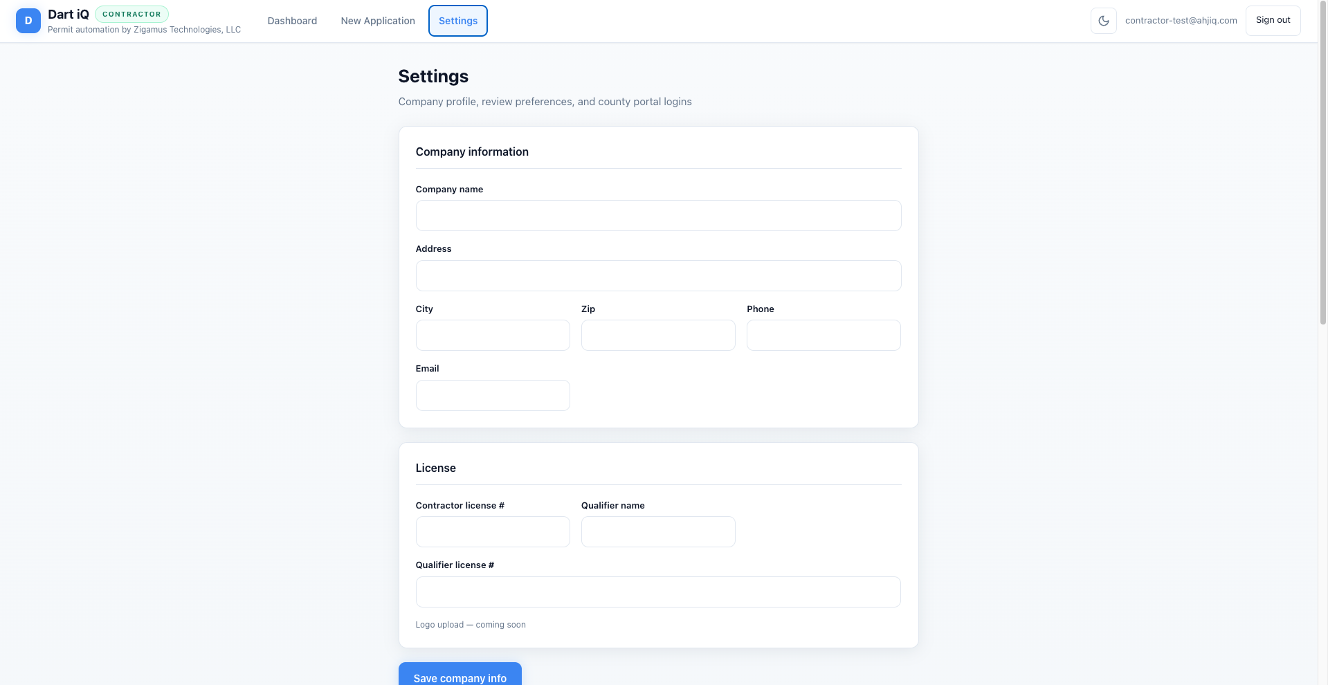 Company settings in DART iQ contractor portal